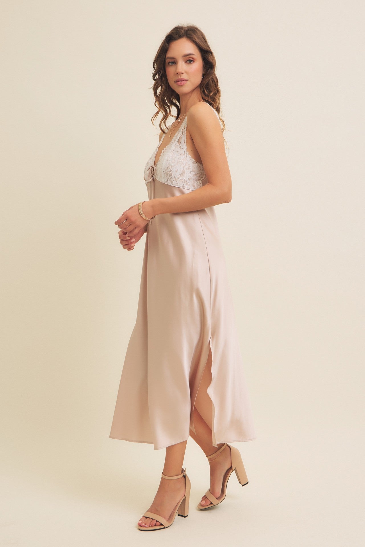 Beige Satin Lace Side Slit Slip Dress