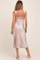 Beige Satin Lace Side Slit Maternity Slip Dress