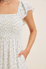 Light Blue Elegant Chiffon Floral Smocked Midi Dress