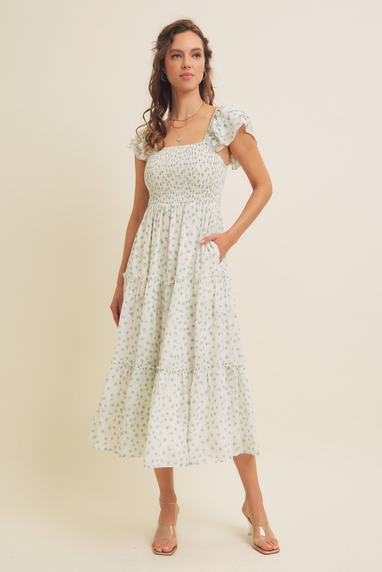 Jade Elegant Chiffon Floral Smocked Midi Dress
