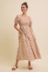 Cream Cotton Poplin Floral Smocked Midi Dress