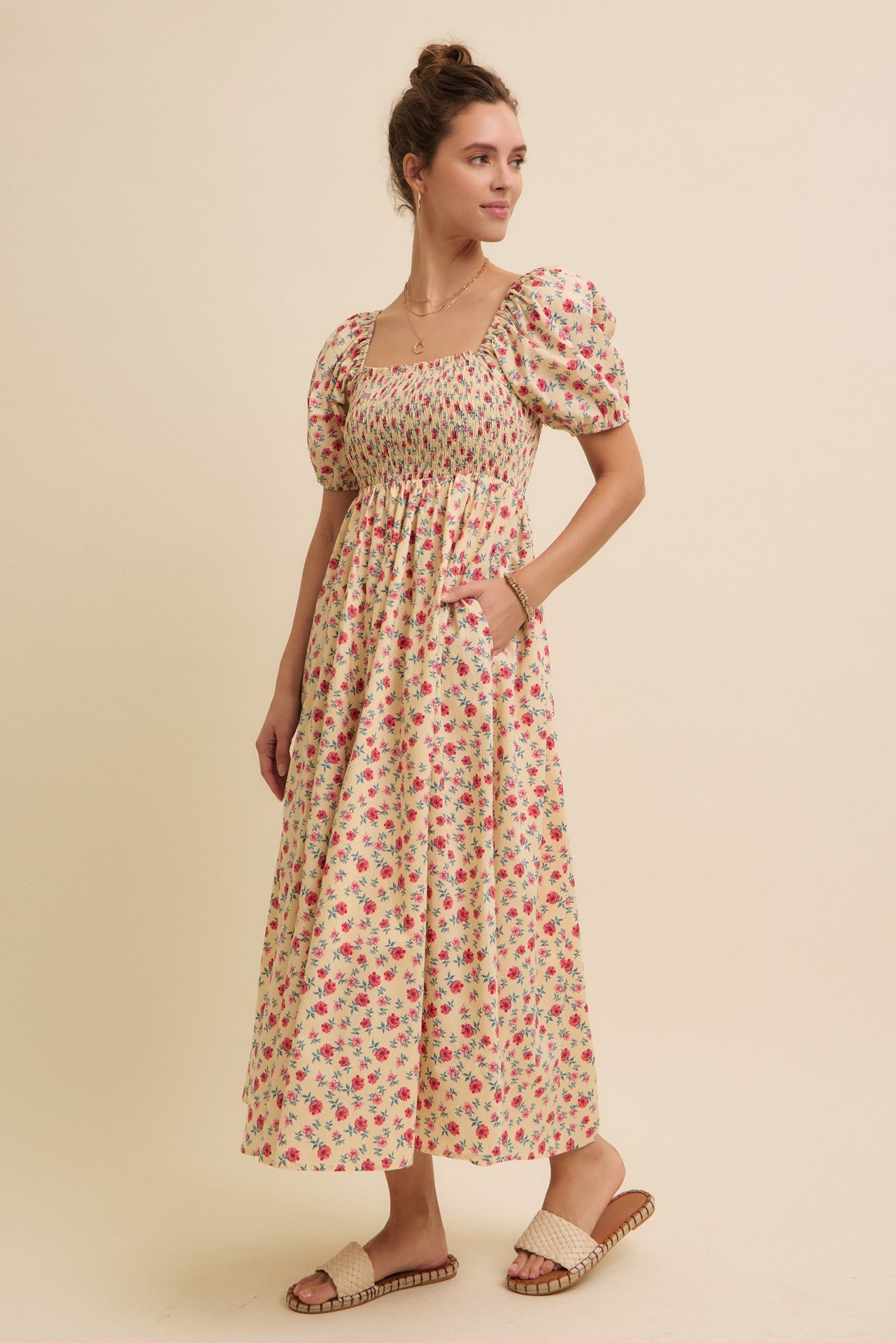 Cream Cotton Poplin Floral Smocked Midi Dress