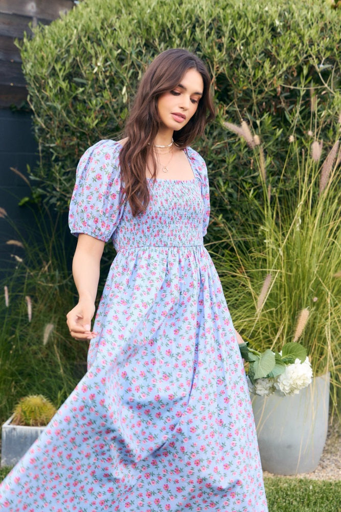 Light Blue Cotton Poplin Floral Smocked Midi Dress Light Blue Cotton Poplin Floral Smocked Midi Dress