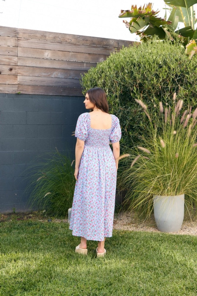 Light Blue Cotton Poplin Floral Smocked Midi Dress – PinkBlush