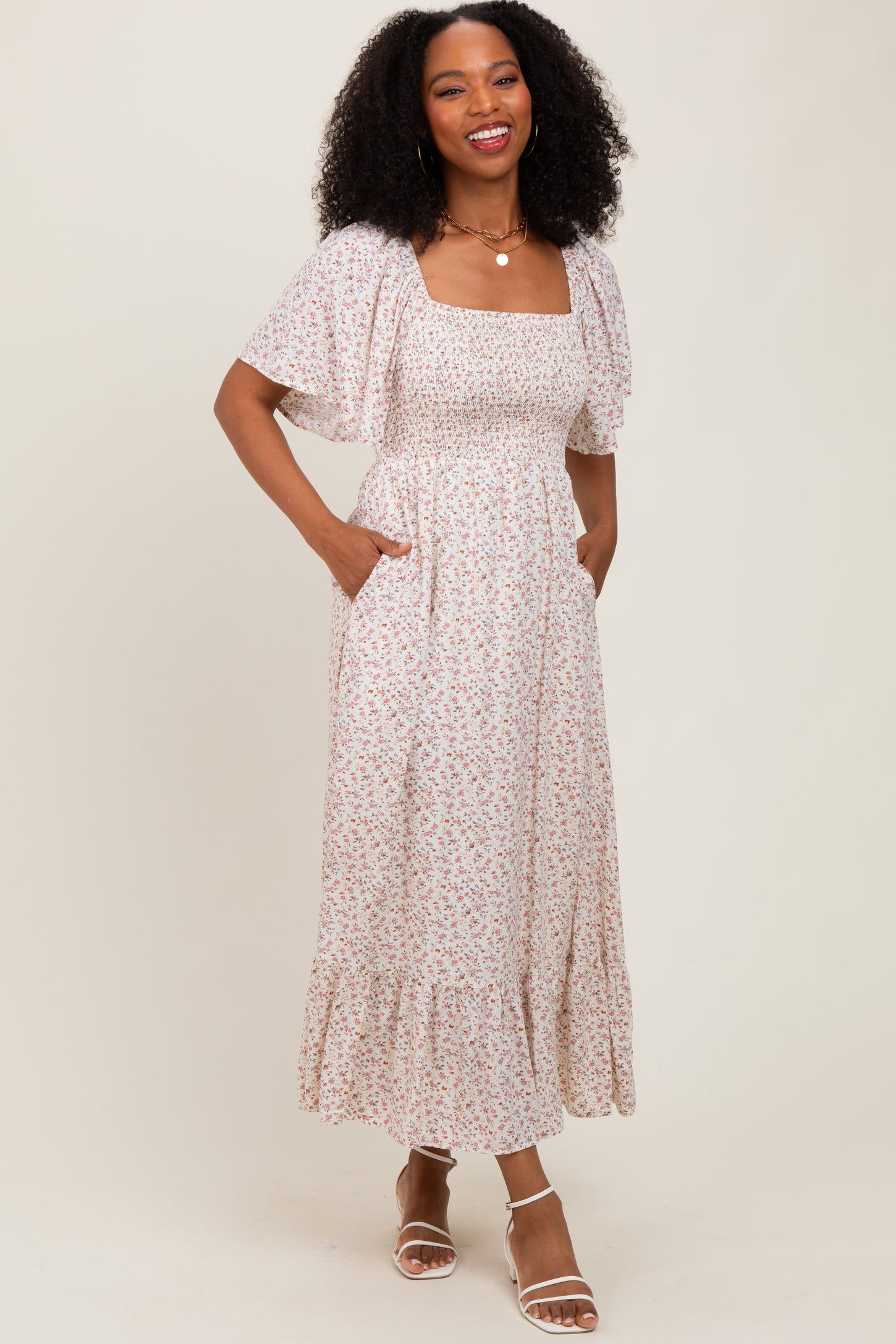 ditsy floral midi dress Cream Multi Smocked Maternity Plus Size Knee-Length Mother ProductID: 93922 Classic round neckline Costume Hire Size:Ladies Medium
