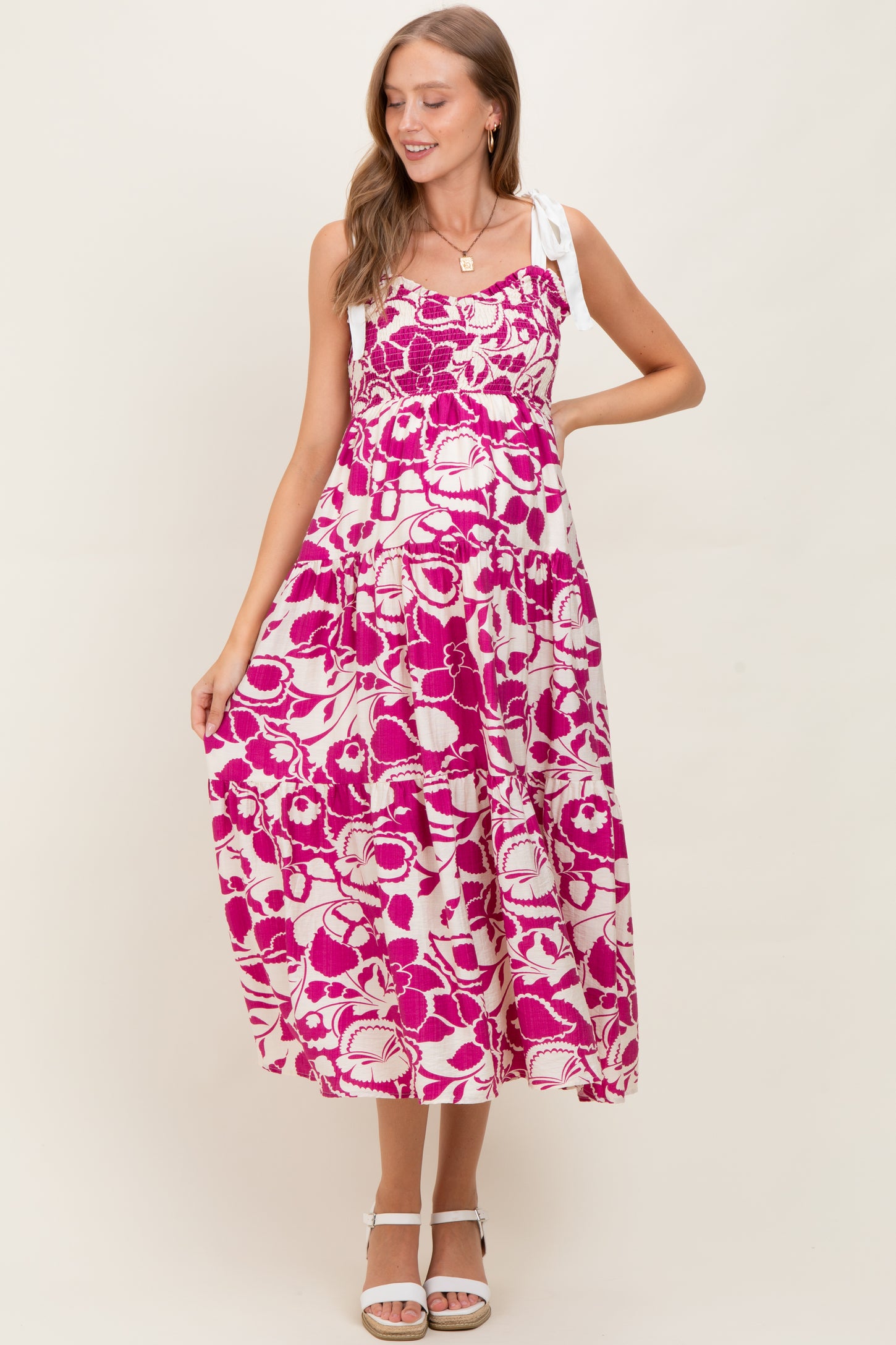 Fuchsia Bloom Floral Print Smocked Maternity Maxi Dress