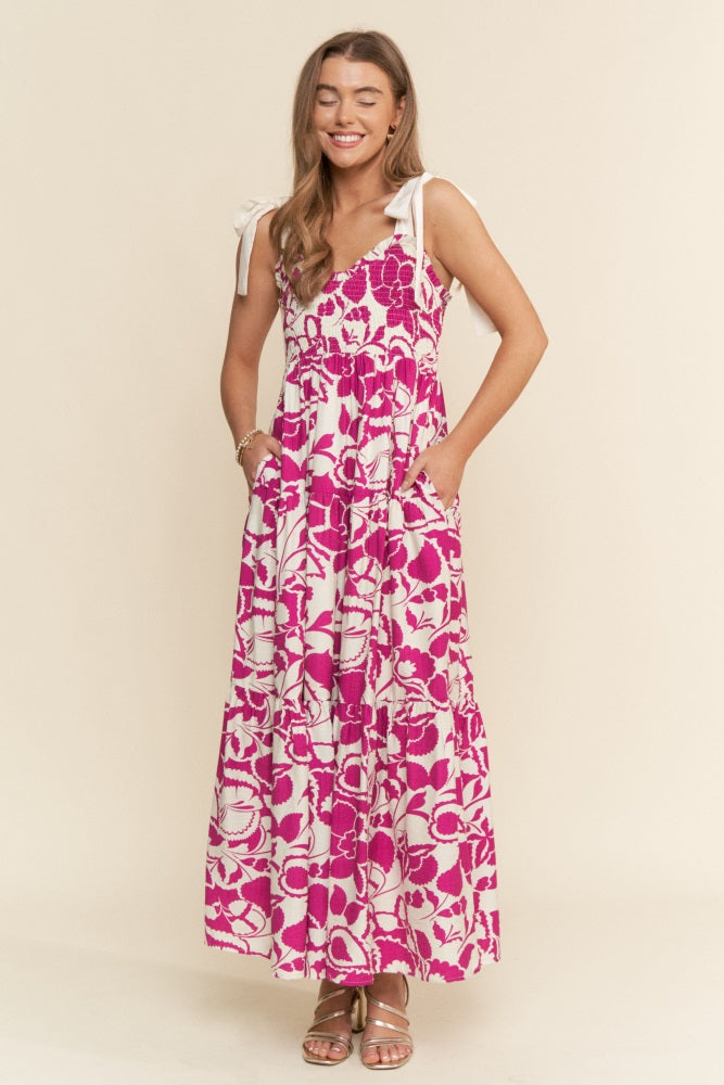 Fuchsia Bloom Floral Print Smocked Maxi Dress