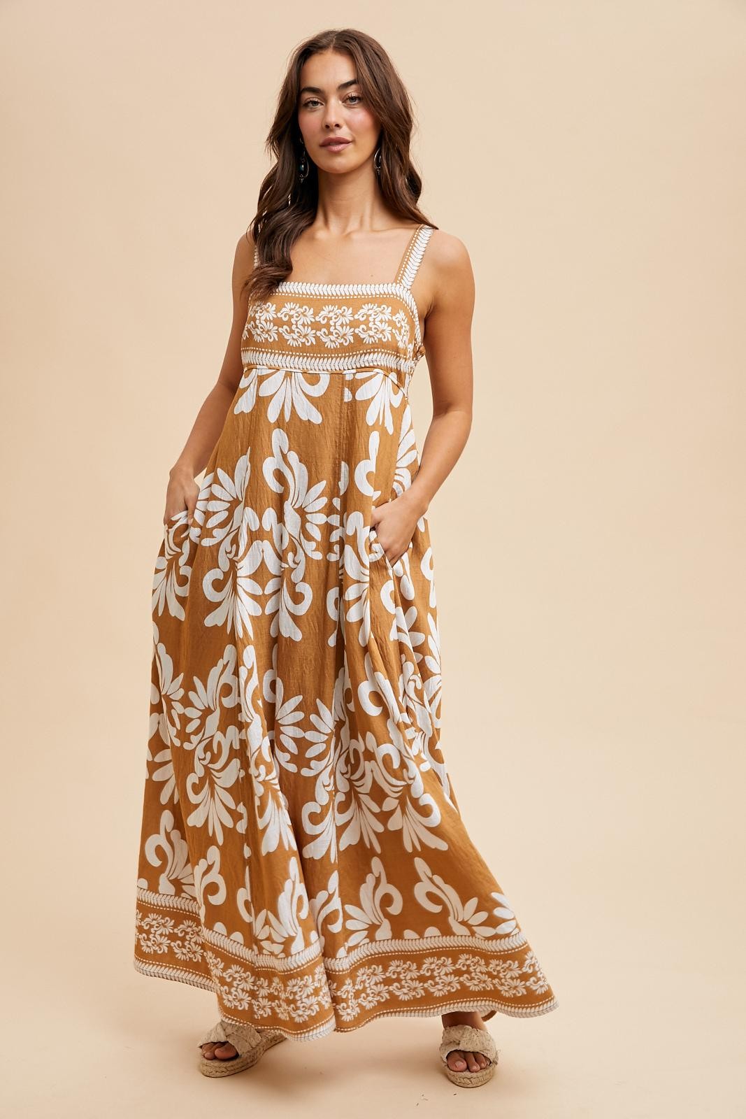 Camel Resort Border Print Maxi Dress