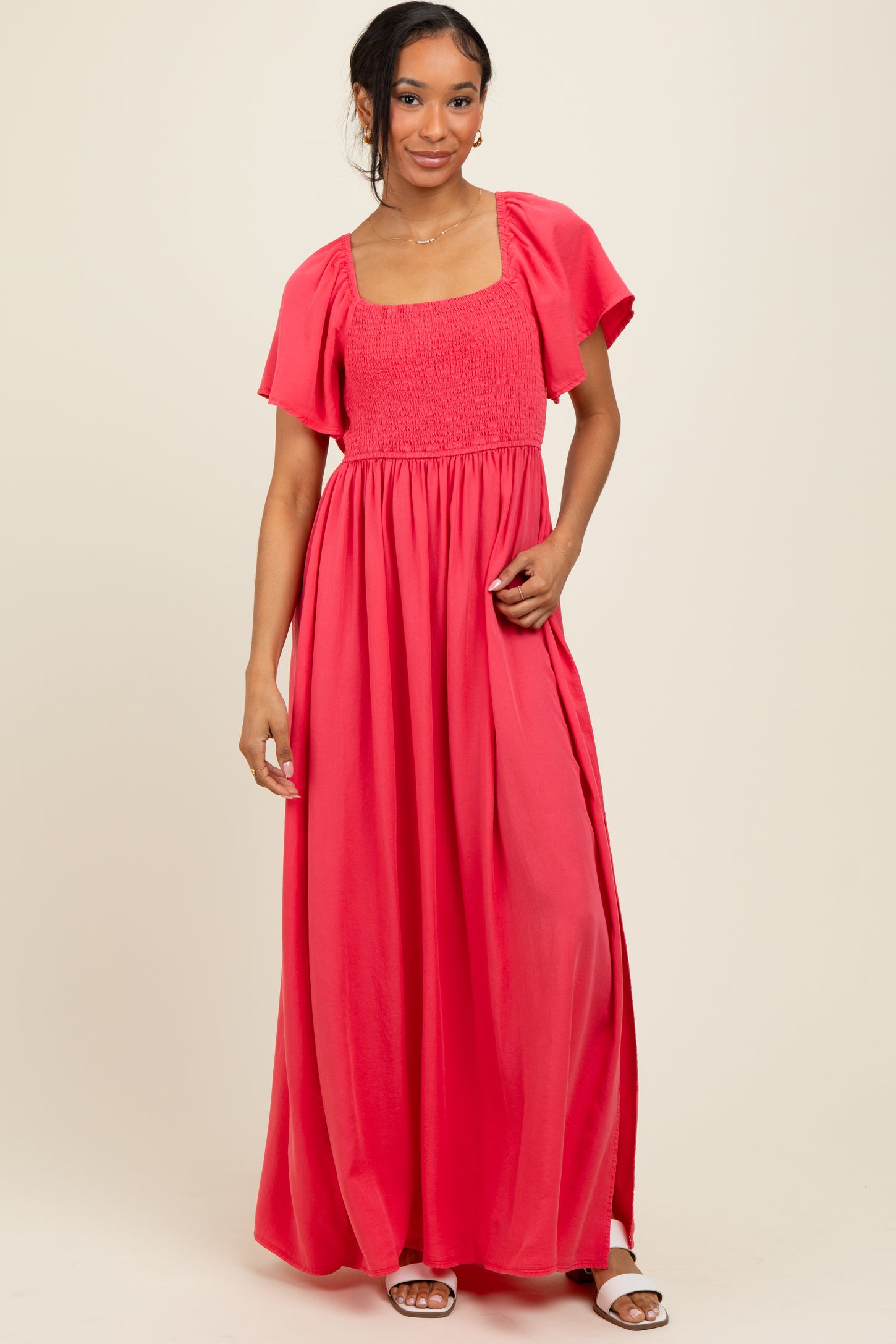 Coral Chambray Smocked Maternity Maxi Dress Coral Chambray Smocked Maternity Maxi Dress