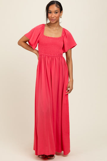 Coral Chambray Smocked Maxi Dress