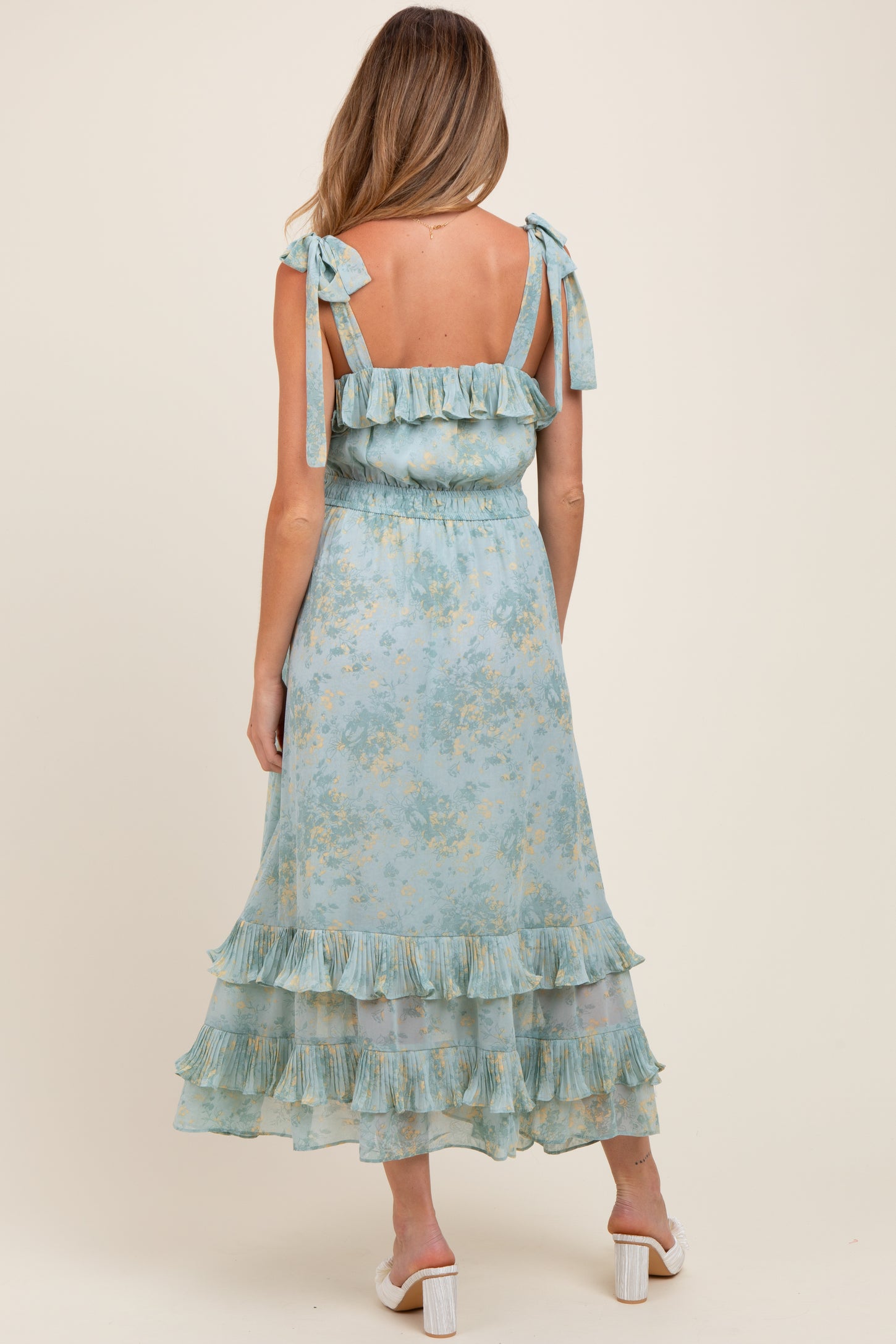 Mint Floral Chiffon Pleated Ruffle Maternity Midi Dress PinkBlush Mint Floral Chiffon Pleated Ruffle Maternity Midi Dress PinkBlush