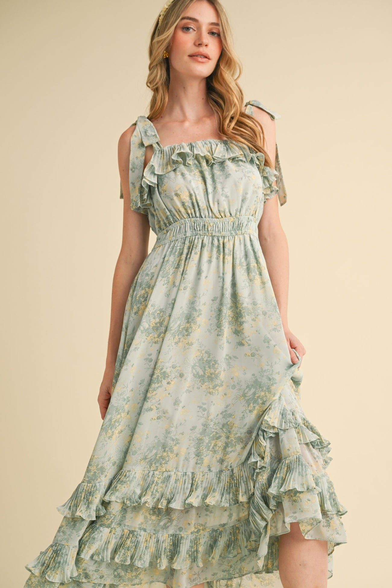 Mint Floral Chiffon Pleated Ruffle Midi Dress – PinkBlush