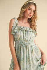 Mint Floral Chiffon Pleated Ruffle Midi Dress