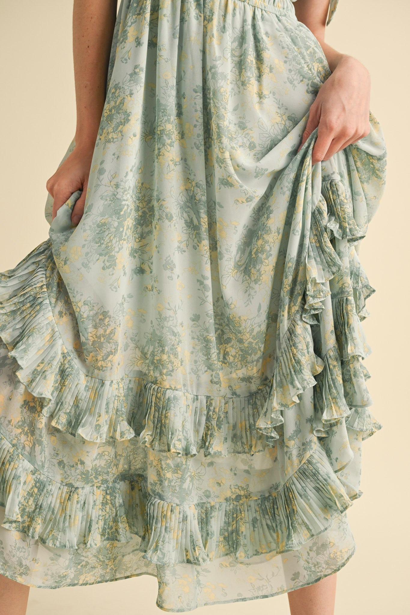 Mint Floral Chiffon Pleated Ruffle Midi Dress Mint Floral Chiffon Pleated Ruffle Midi Dress