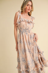 Light Pink Floral Chiffon Pleated Ruffle Midi Dress
