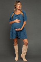 Navy Chambray Jacquard Puff Sleeve Maternity Mini Dress