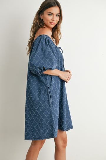 Navy Chambray Jacquard Puff Sleeve Mini Dress