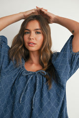 Navy Chambray Jacquard Puff Sleeve Mini Dress