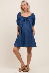 Navy Chambray Jacquard Puff Sleeve Maternity Mini Dress