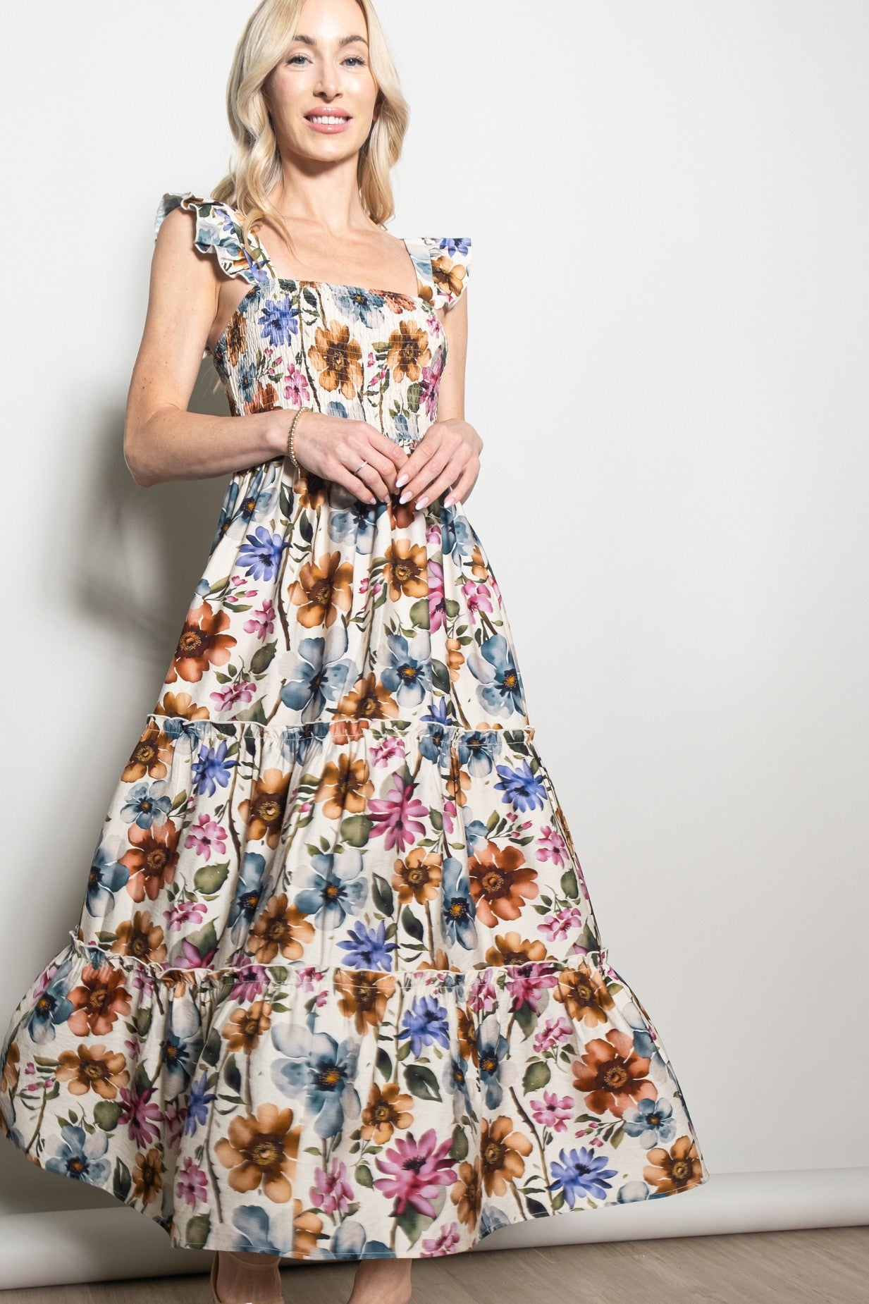 Multicolor Floral Smocked Tiered Maxi Dress
