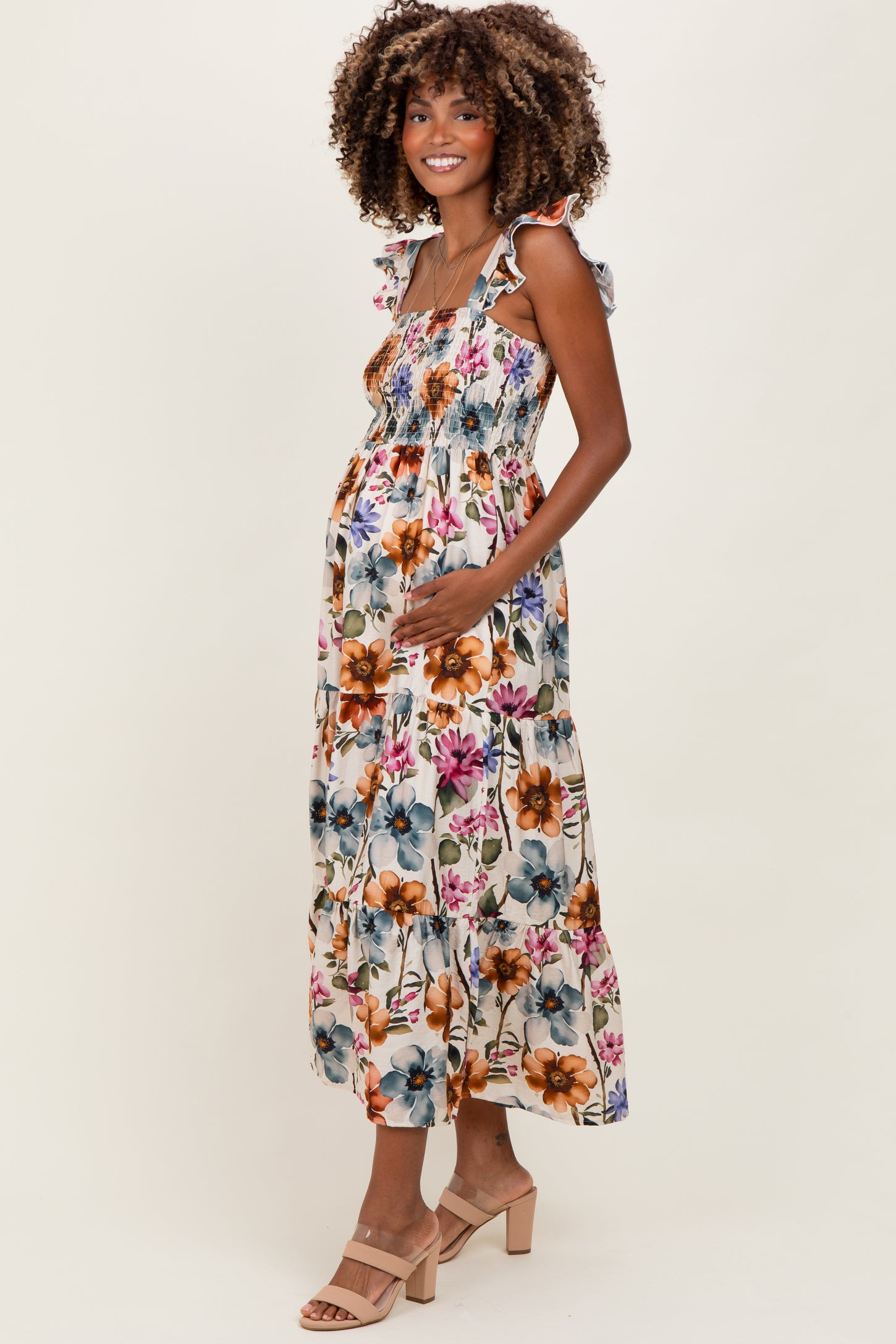 Multicolor Floral Smocked Tiered Maternity Maxi Dress