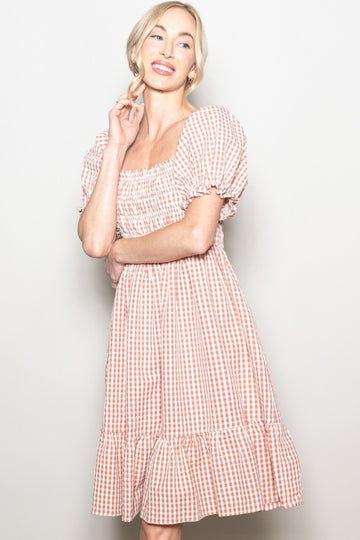 Rust Gingham Smocked Puff Sleeve Dress