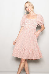 Rust Gingham Smocked Puff Sleeve Dress