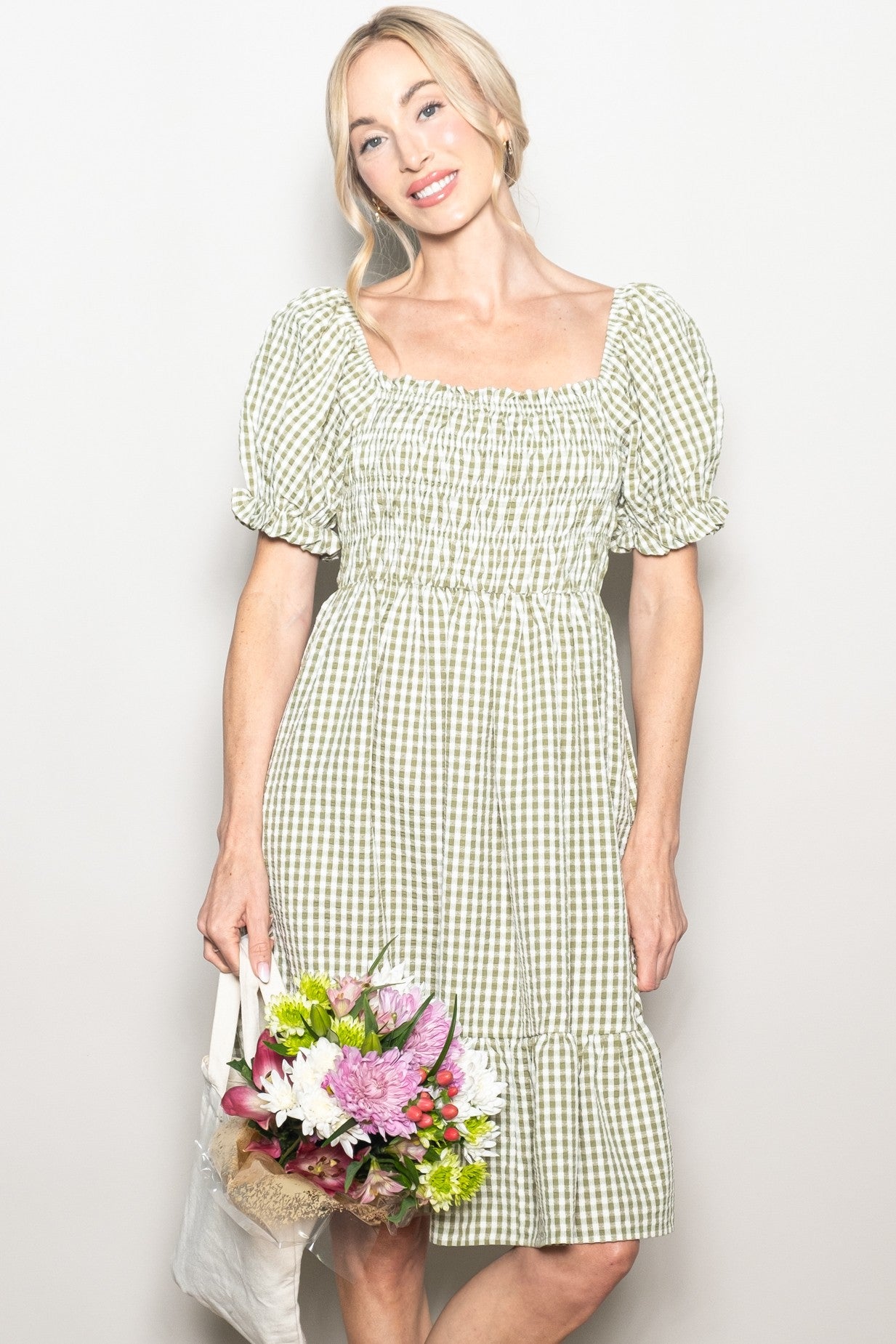 Light Olive Gingham Smocked Puff Sleeve Dress