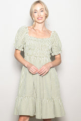 Light Olive Gingham Smocked Puff Sleeve Dress