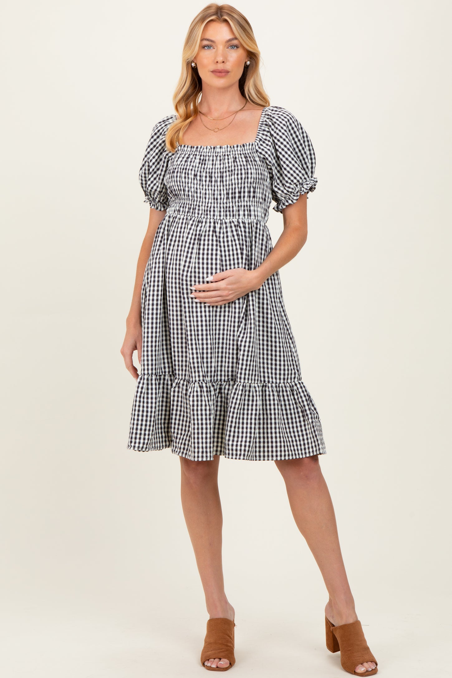 Black Gingham Smocked Puff Sleeve Maternity Dress