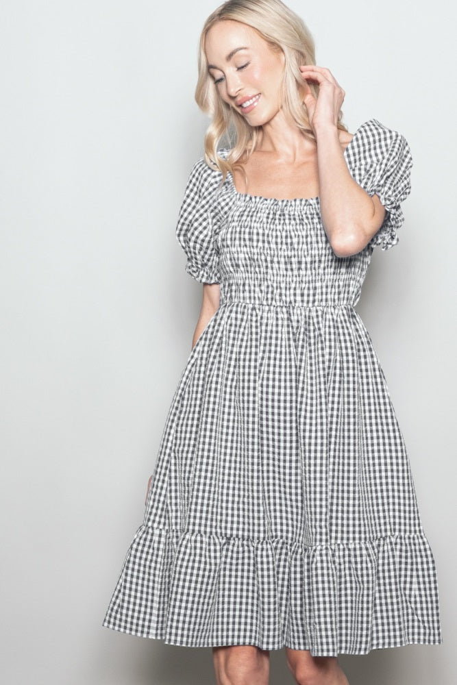 Black Gingham Smocked Puff Sleeve Maternity Dress