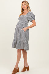 Black Gingham Smocked Puff Sleeve Maternity Dress