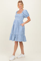 Blue Gingham Smocked Puff Sleeve Maternity Dress