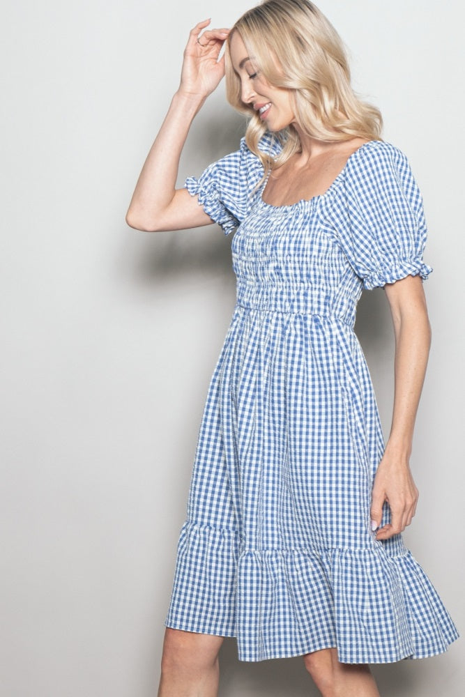 Blue Gingham Smocked Puff Sleeve Dress Blue Gingham Smocked Puff Sleeve Dress
