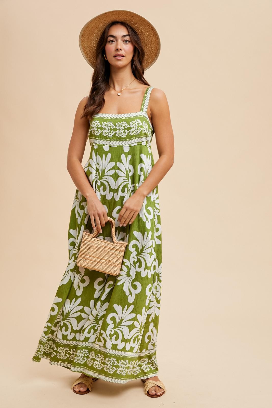 Green Resort Border Print Maxi Dress