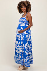 Blue Resort Border Print Maternity Maxi Dress