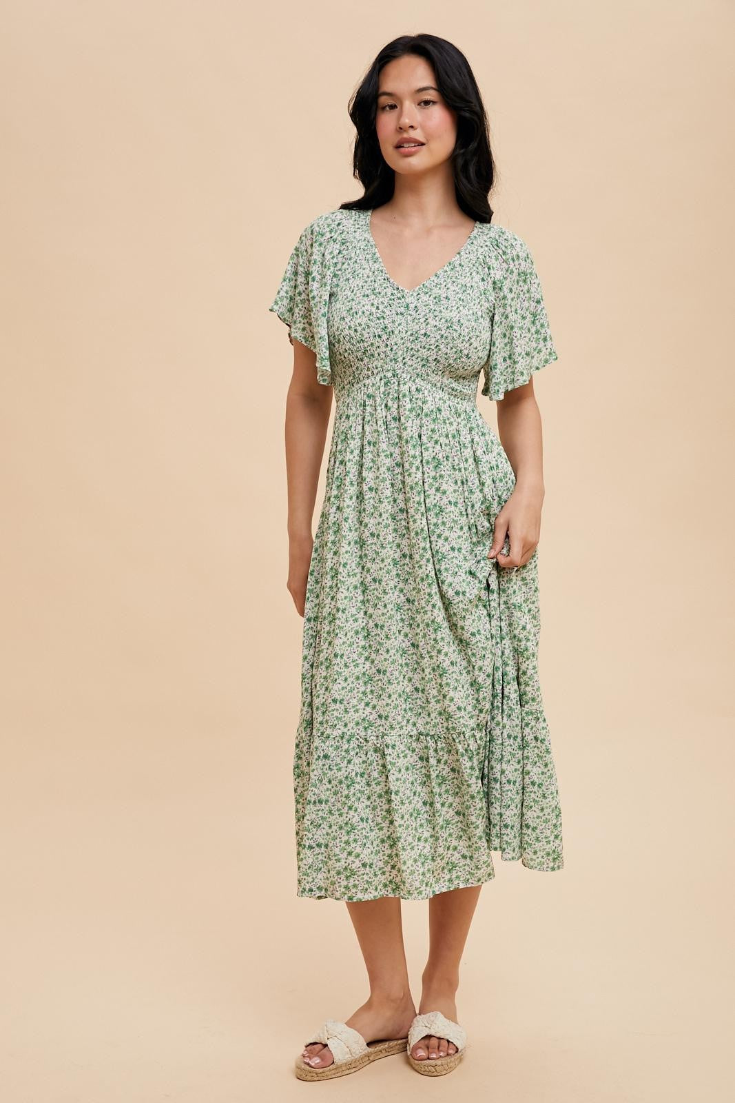 Green Floral Smocked Flutter Sleeve Midi Dress