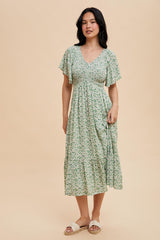 Green Floral Smocked Flutter Sleeve Midi Dress