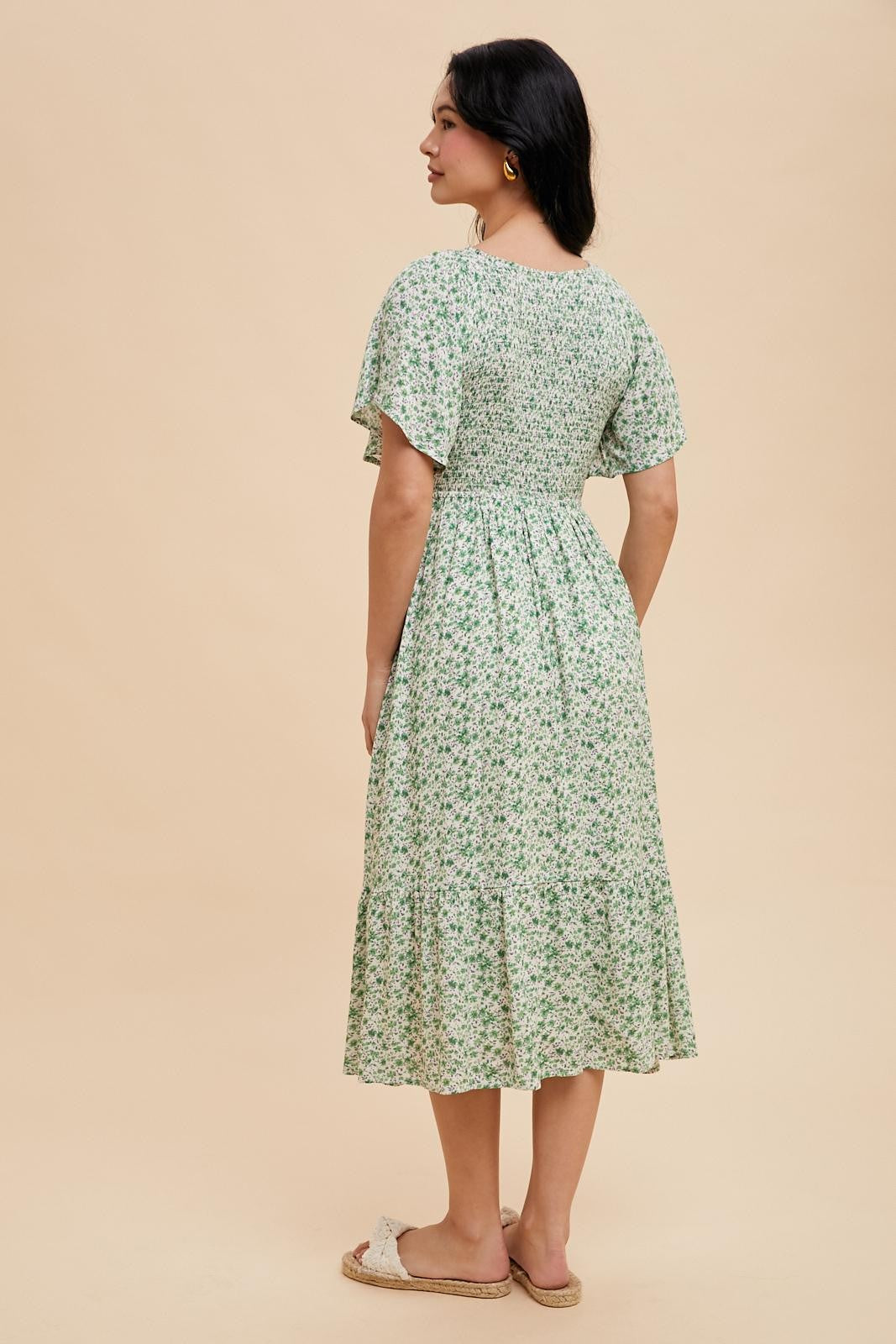 Green Floral Smocked Flutter Sleeve Midi Dress
