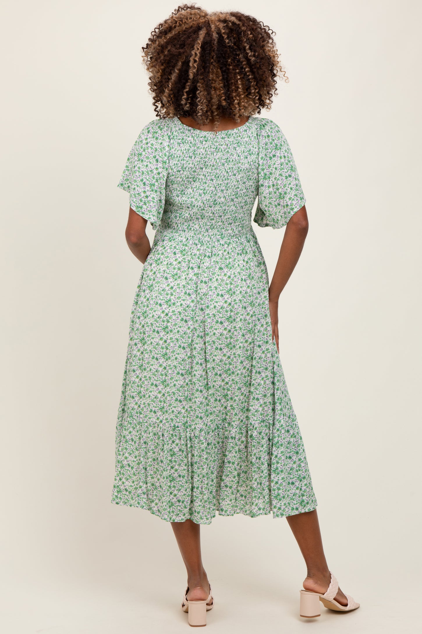 Green Floral Smocked Flutter Sleeve Maternity Midi Dress