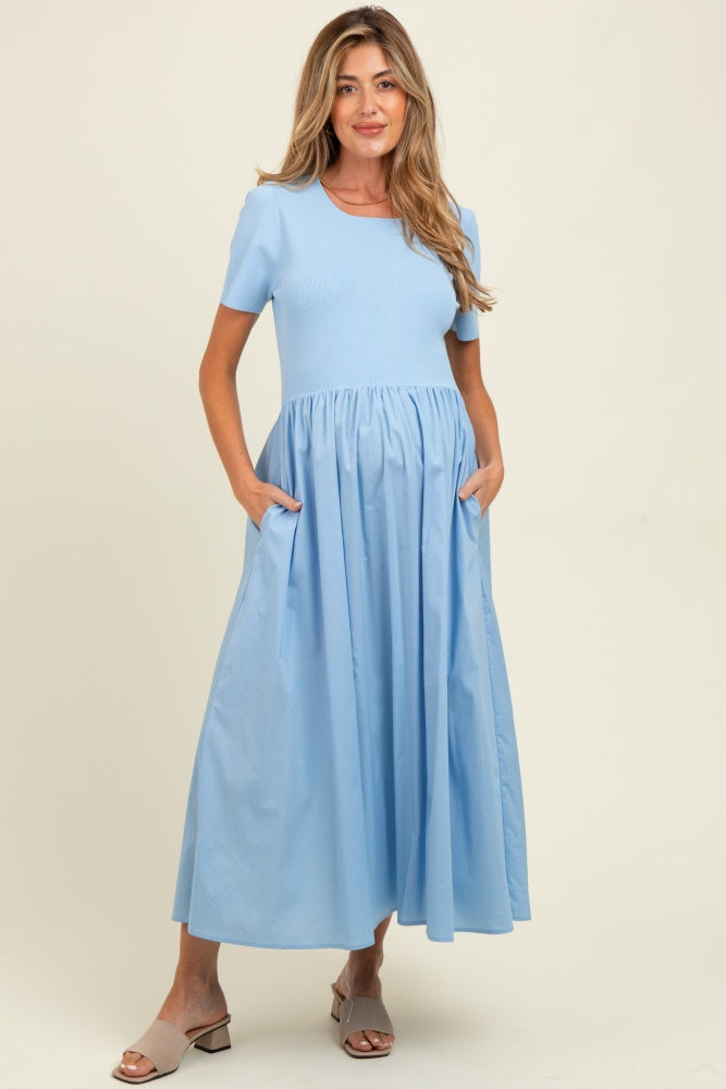 Light Blue Solid Maternity Maxi Dress