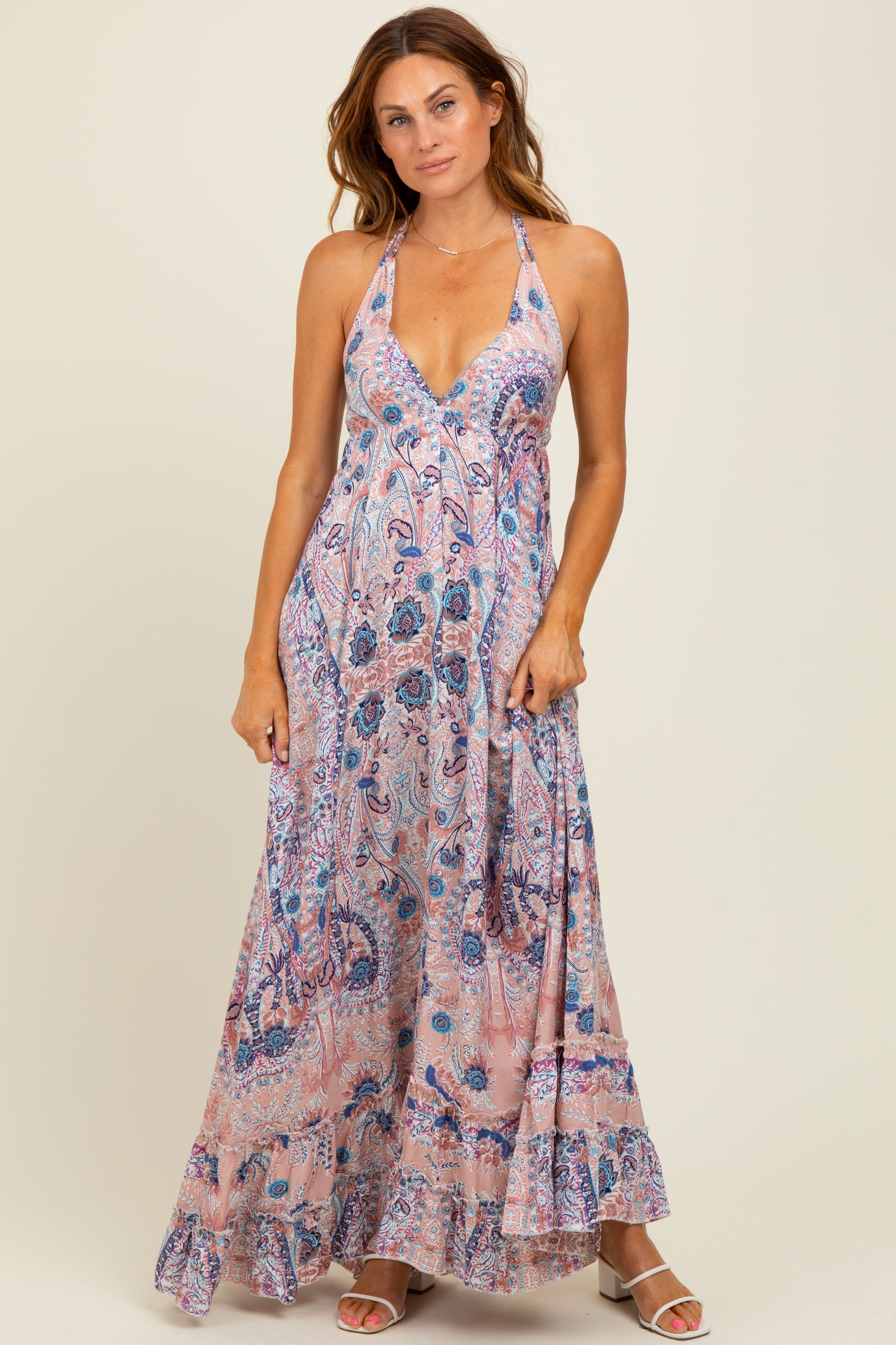 paisley halter maxi dress Cream Paisley Print Halter Maxi Dress PinkBlush