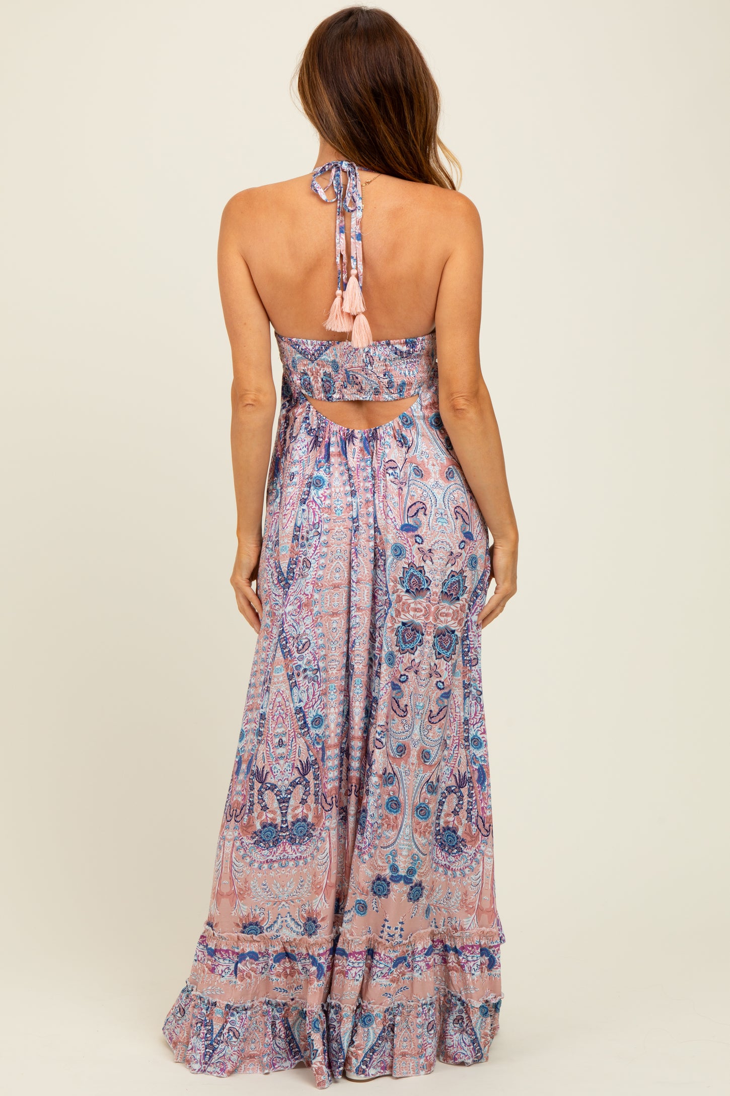 Mauve Paisley Halter V-Neck Cutout Maxi Dress Mauve Paisley Halter V-Neck Cutout Maxi Dress