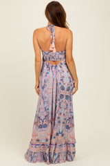 Mauve Paisley Halter V-Neck Cutout Maxi Dress