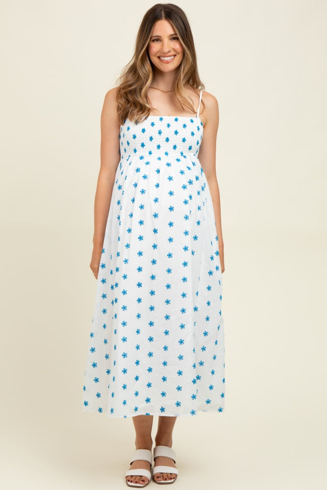 White Floral Smocked Sleeveless Maternity Midi Dress