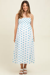 White Floral Smocked Sleeveless Maternity Midi Dress
