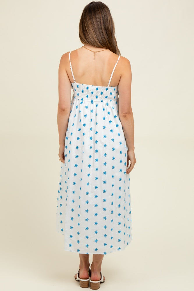 White Floral Smocked Sleeveless Maternity Midi Dress