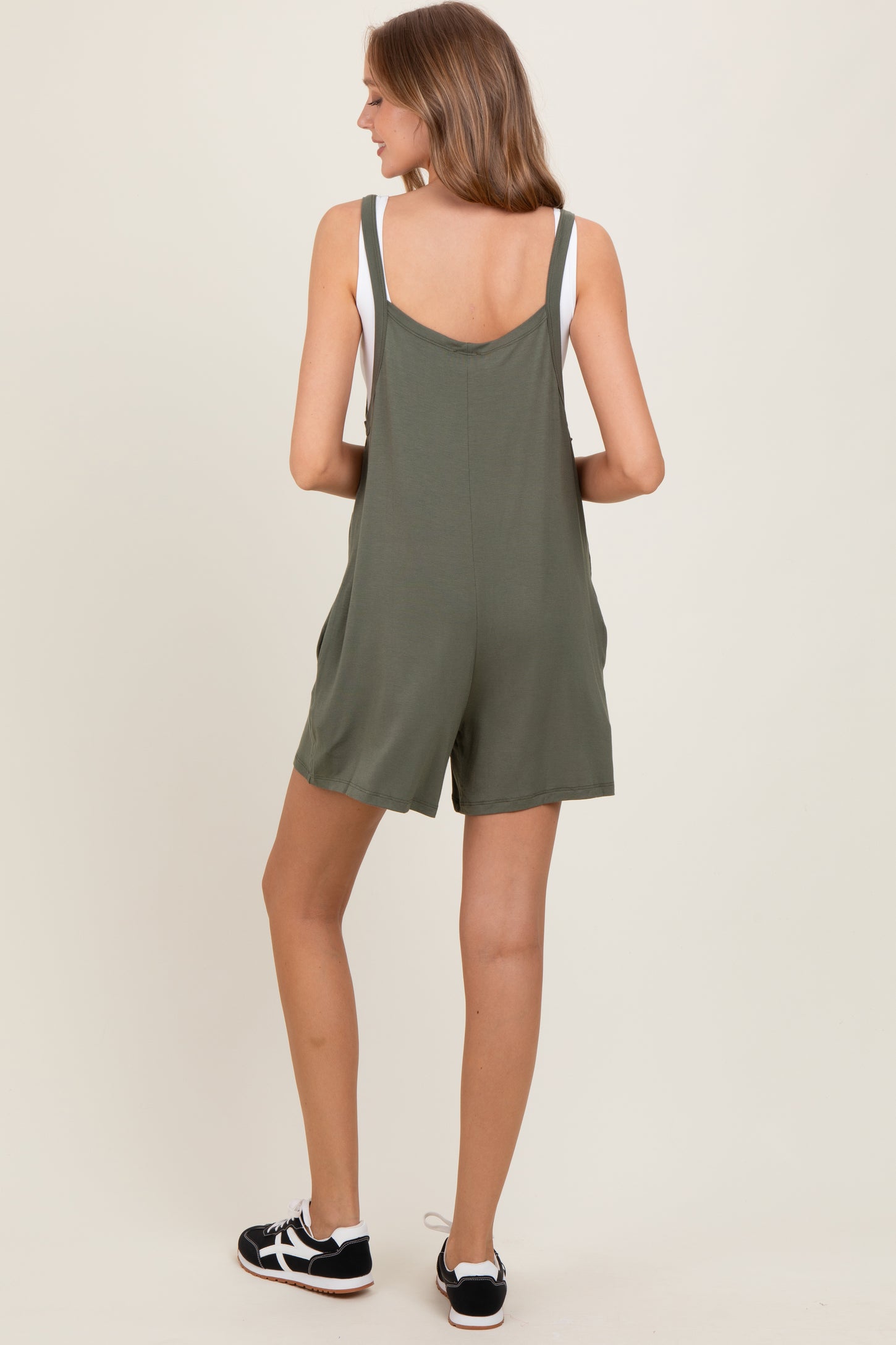 Green Olive Front Pocket Overall Knit Romper