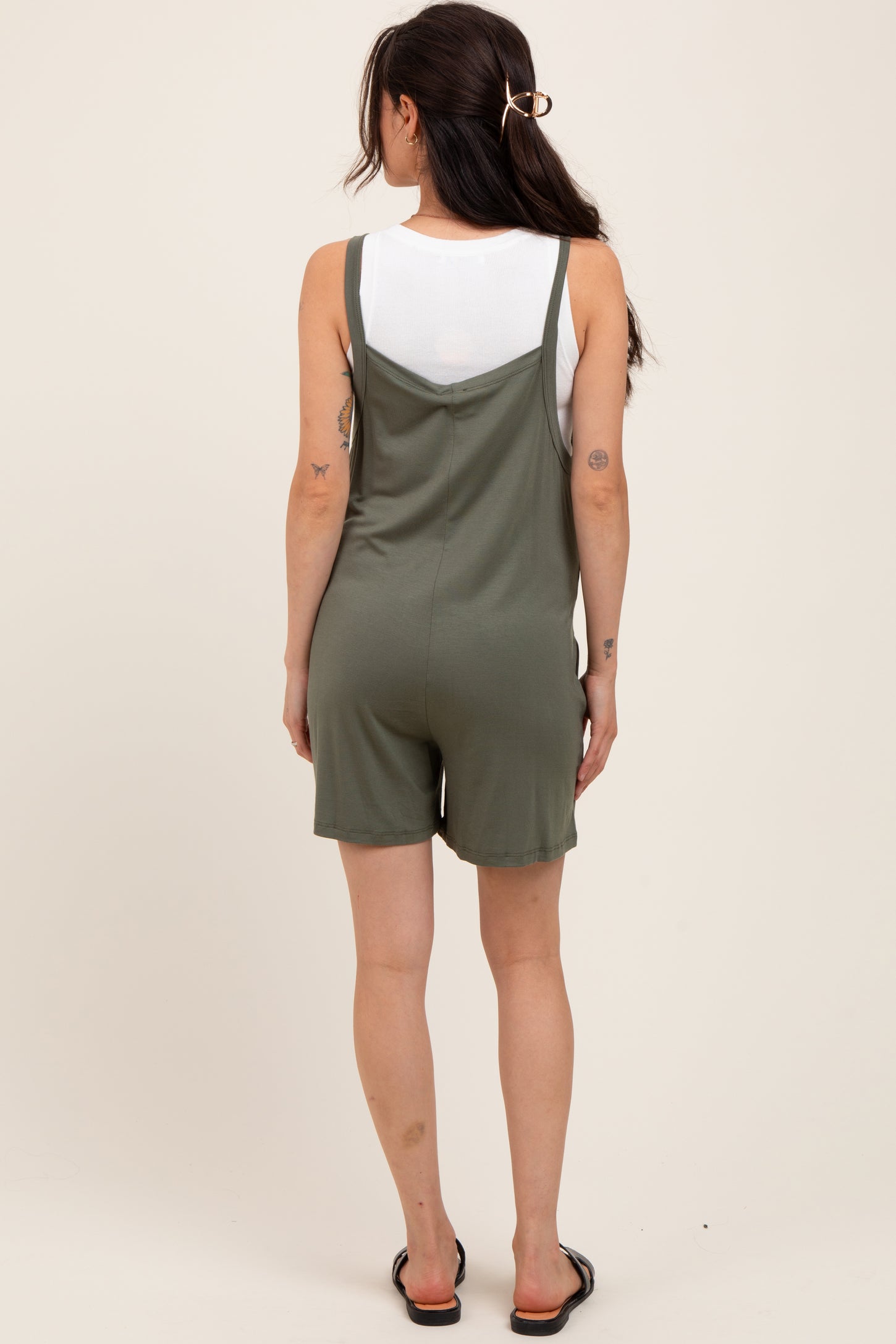 Green Olive Front Pocket Overall Knit Maternity Romper Green Olive Front Pocket Overall Knit Maternity Romper