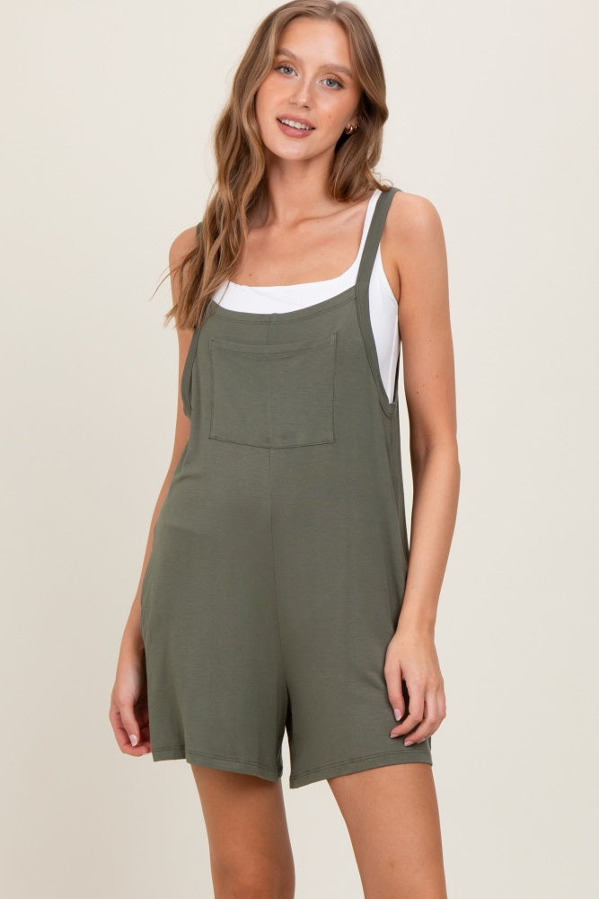 Green Olive Front Pocket Overall Knit Romper